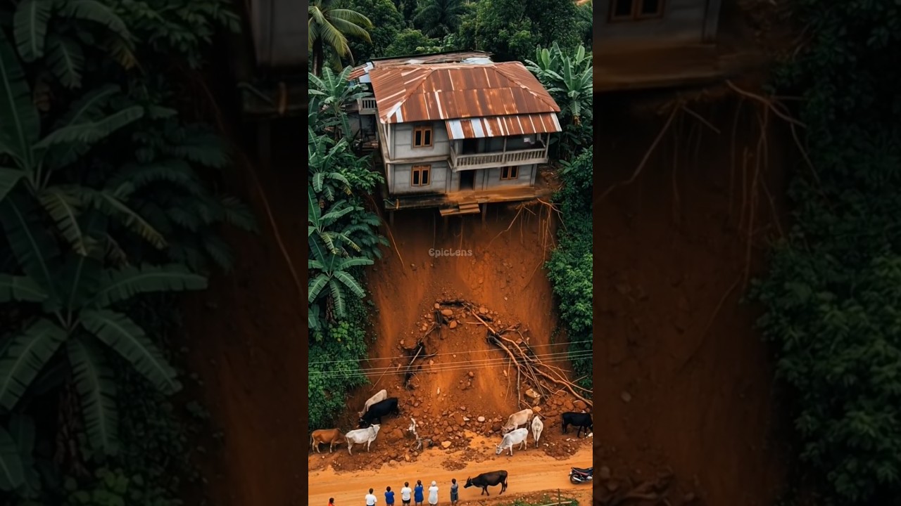 House Collapses Into Gap &ndash; Animals Scatter #landslide #disaster