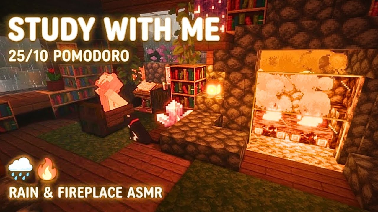 2 Hours Study With Me 🌿 Minecraft Pomodoro (25/10) • Rain & Fireplace ASMR