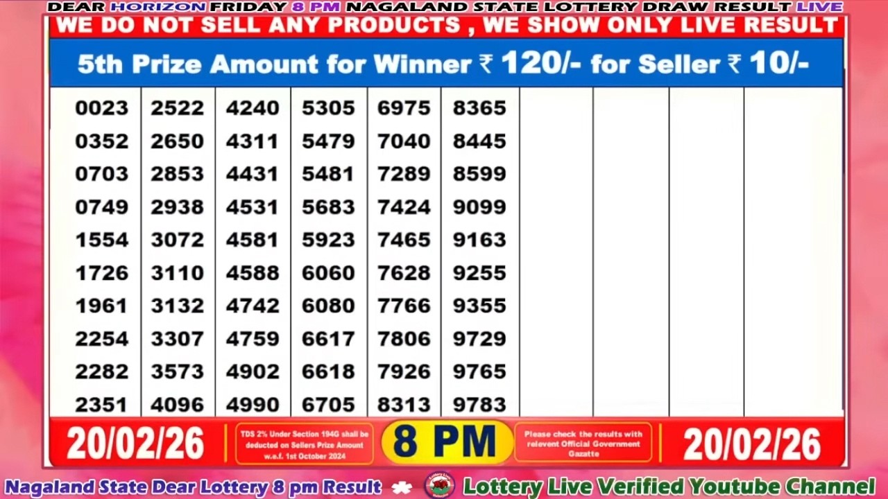 [LIVE] Lottery 8:00 PM Dear Nagaland state lottery live draw result 20.02.2026 | Lottery live