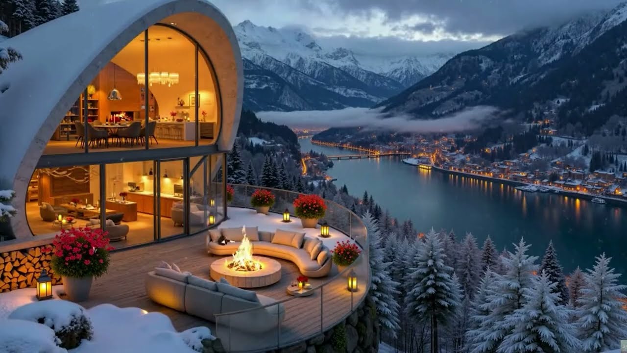 Alpine Glass House Retreat | Relaxing Snowy Evening Atmosphere