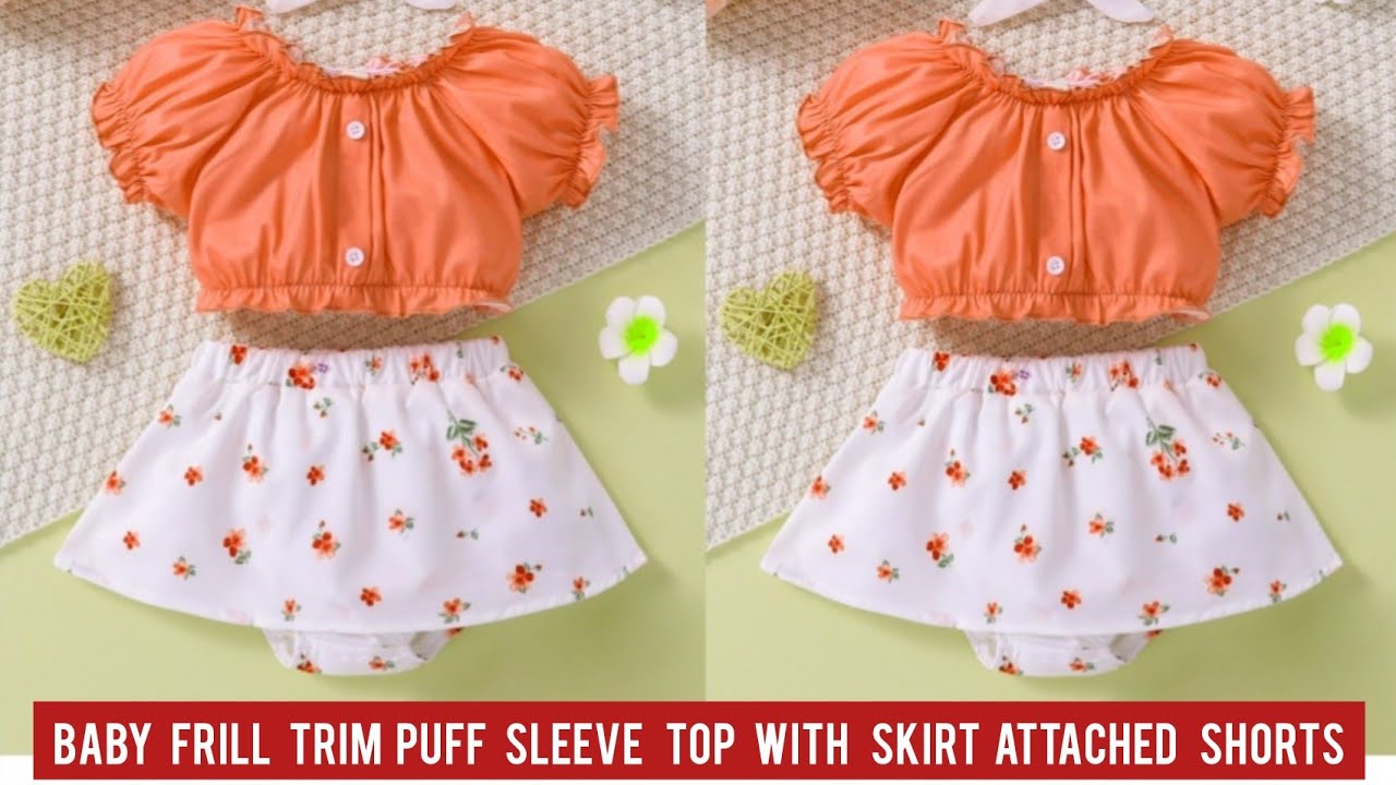 Baby Frill Trim Puff Sleeve Top With Skirt Attached Shorts Cutting & Stitching/Baby Dress Design