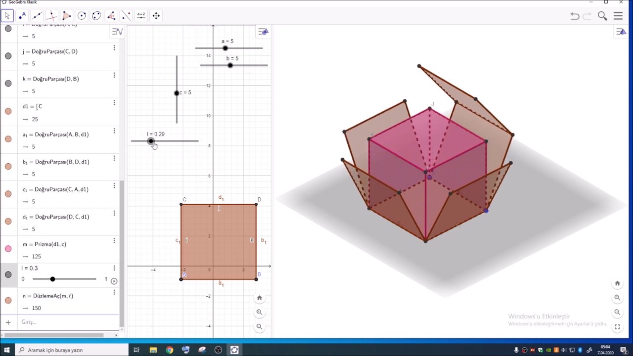 M.5.2.5.2.  GeoGebra da küp ve dikdörtgenler prizmasının açılımı