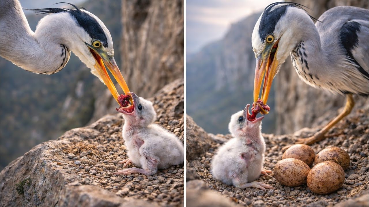 Amazing Heron Feeding Its Baby Chick – Wildlife Moment Caught on Camera