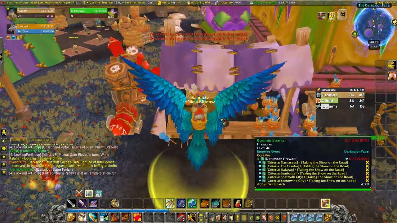 MOP - Level 37 - Entering Darkmoon Faire - Getting Whee! 10% Experience Buff and Sayge Buff
