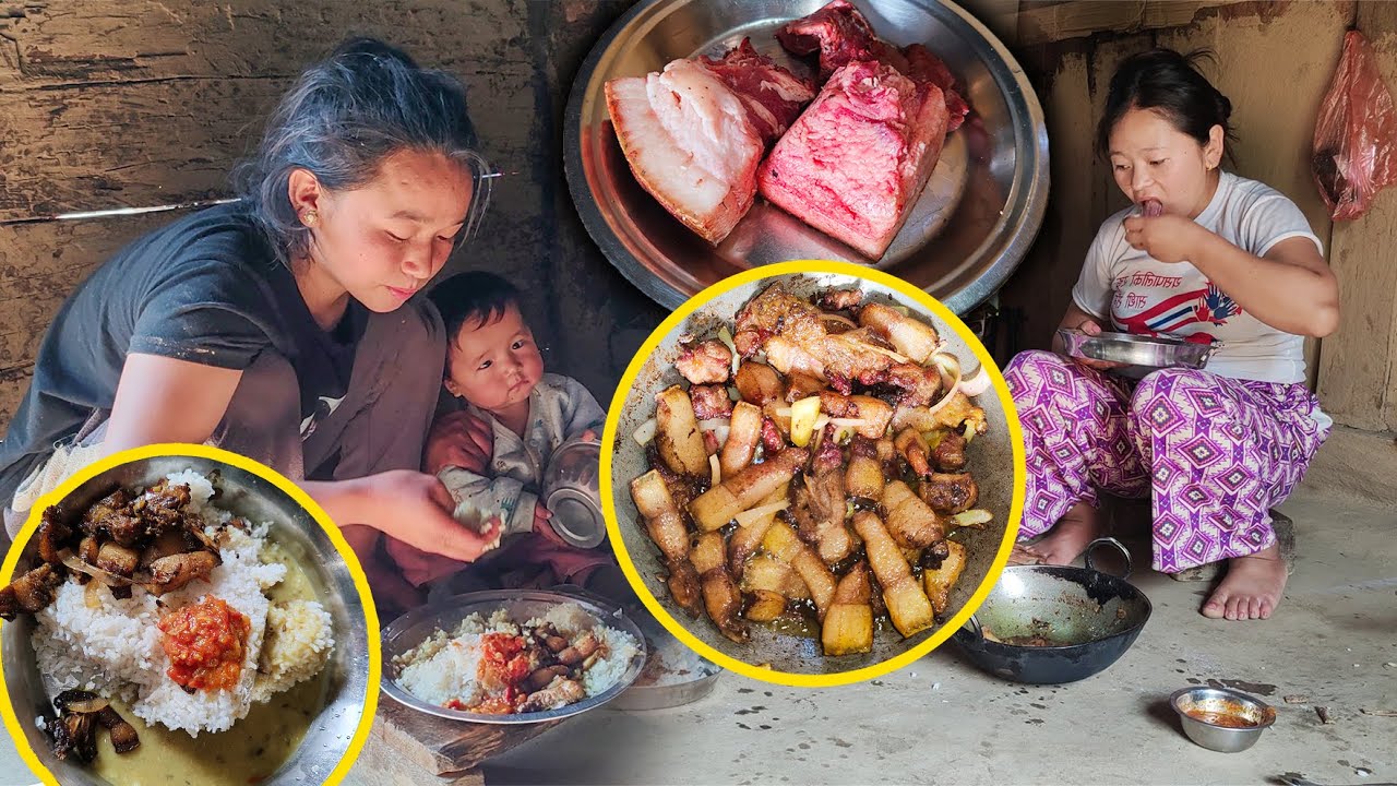 Pork recipe with rice cooking & eating Village Style आज घरमा सुंगुरको मासु र भात खाइयो  Village Vlog