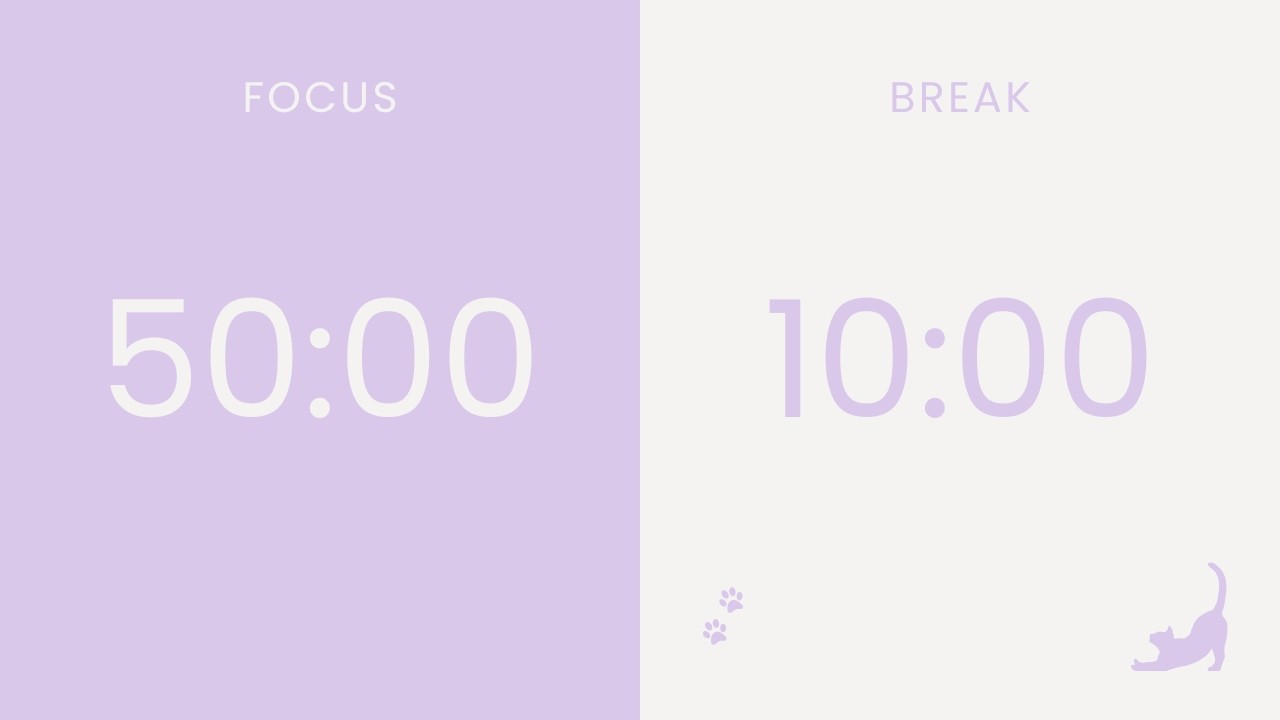 2 hour Pomodoro Timer 50/10 with a Little Cat 🐈‍⬛💜 No Music, Light Lavender & White Calm Study