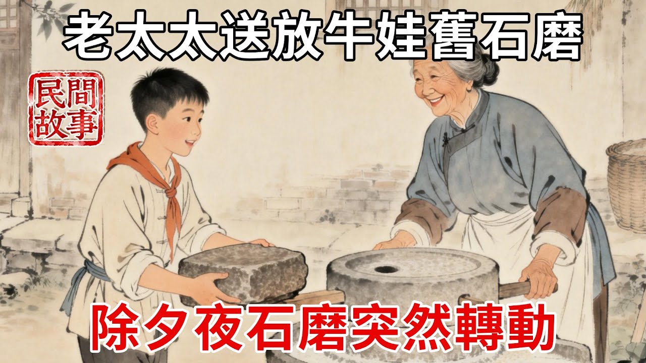 放牛娃幫村口老太太打水三年，老太太送他一個舊石磨，除夕夜石磨突然轉動，磨盤裏竟掉出一串金豆子！#民間故事 #傳統文化 #原創虛構 #華語有聲書 #槐樹下聽書