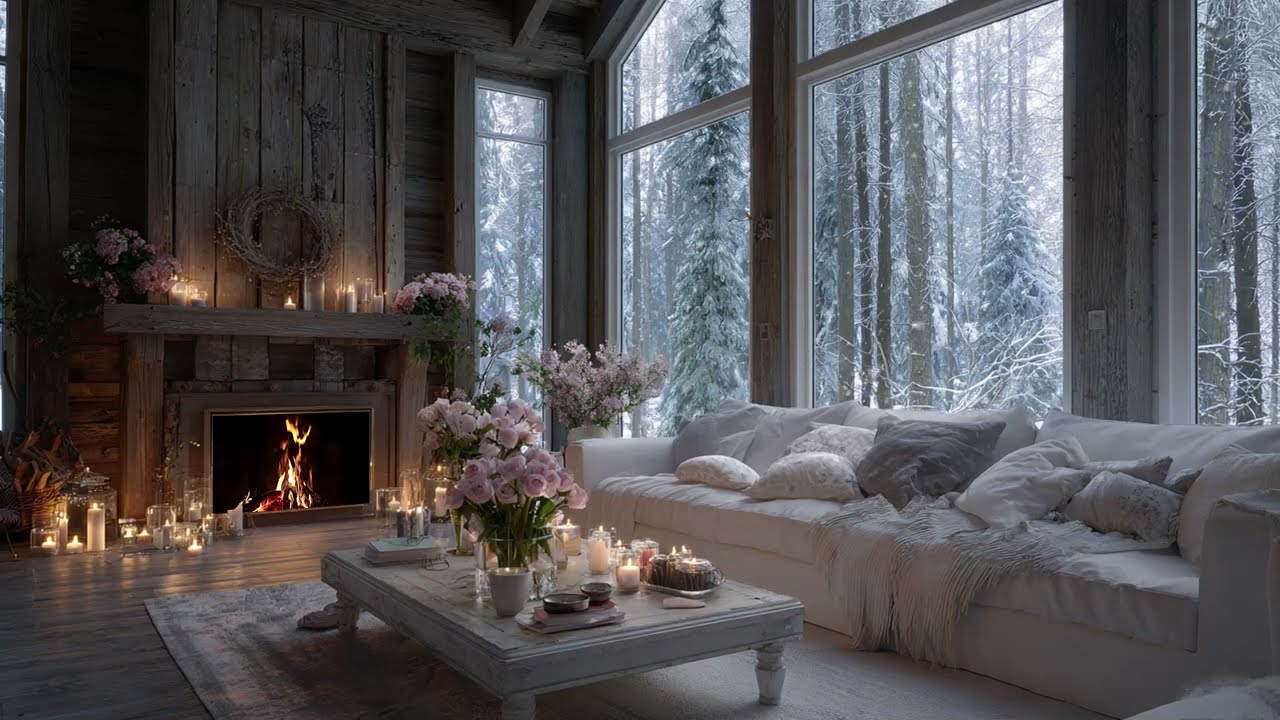 Burning Wood Fire in a Snowy Winter Cabin: Calming Piano Music for Meditation and Study