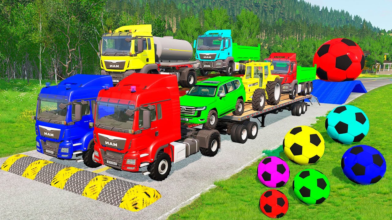Flatbed Trailer McQueen Transportation with Truck - Speedbumps vs Cars vs Train - BeamNG.Drive #1