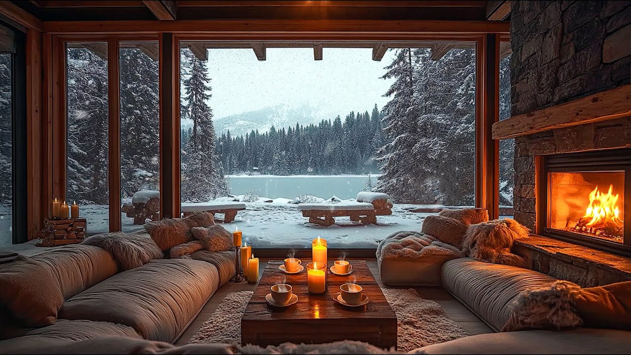 Снегопад в уютной зимней хижине ❄️ Медленная фортепианная музыка и звуки камина для релаксации