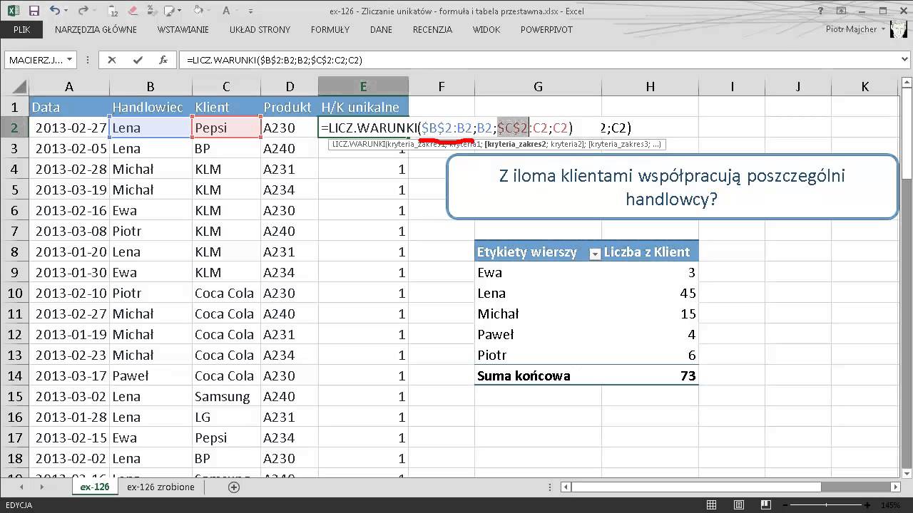 excel-126 - Zliczanie unikalnych kombinacji - tabela przestawna i formuła