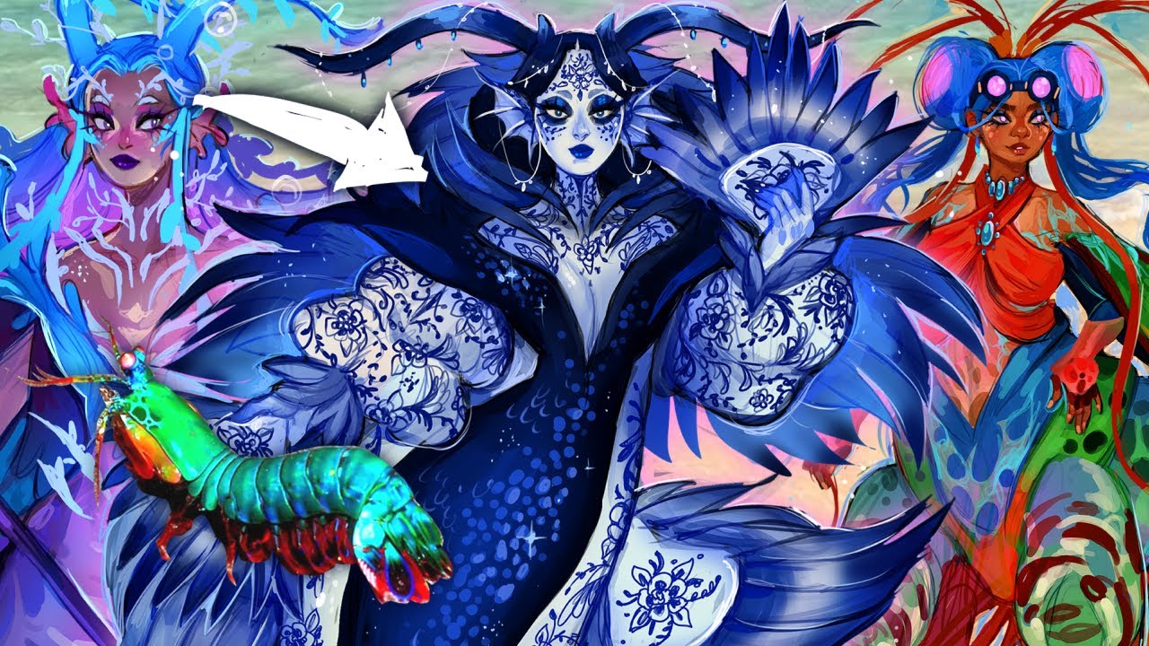 Turning SEA CREATURES into MERFOLK 🧜‍♀️🪸🌊🦈 (CHARACTER DESIGN CHALLENGE)