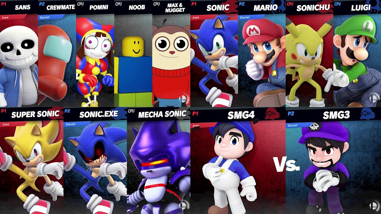 Sonic and Sonichu vs Mario and Luigi | Pomni vs Noob vs Among Us vs Max in Super Smash Bros Ultimate