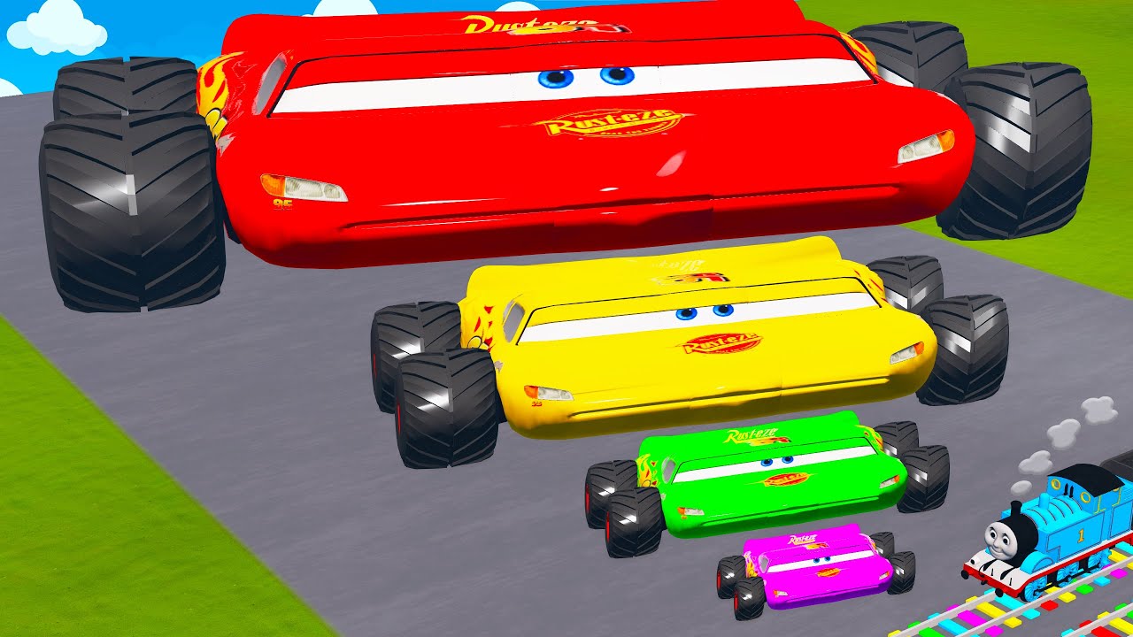 Big & Small: Wide Lightning Mcqueen with Monster Truck Wheels vs Trains Thomas - BeamNG.drive