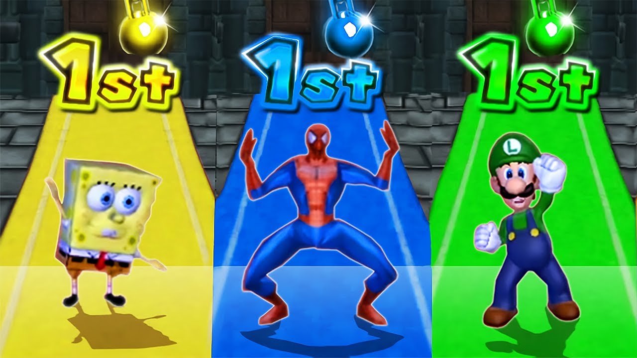Mario Party 9 MInigames - Luigi Vs Mario Vs Spider Man Vs Spongebob (Master Difficulty)