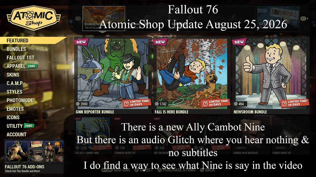 Fallout 76 Atomic Shop Update August 25, 2026