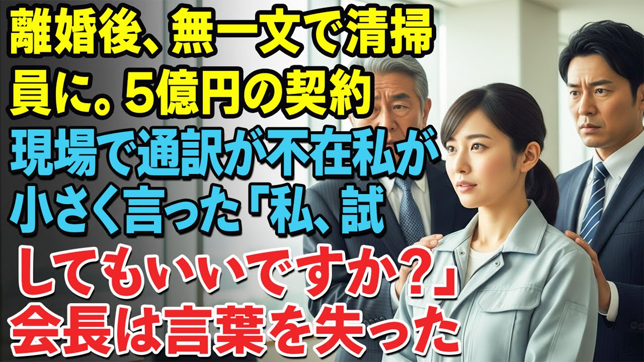離婚後、無一文で清掃員に。5億円の契約現場で通訳が不在——私が小さく言った。「私、試してもいいですか？」会長は言葉を失った……。