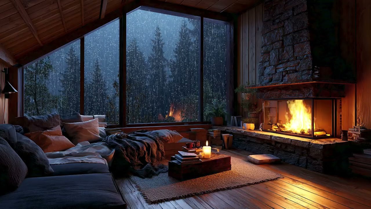 Heavy Rainstorm and Warm Crackling Fire in a Cozy Cabin for Ultimate Relaxation and Rest