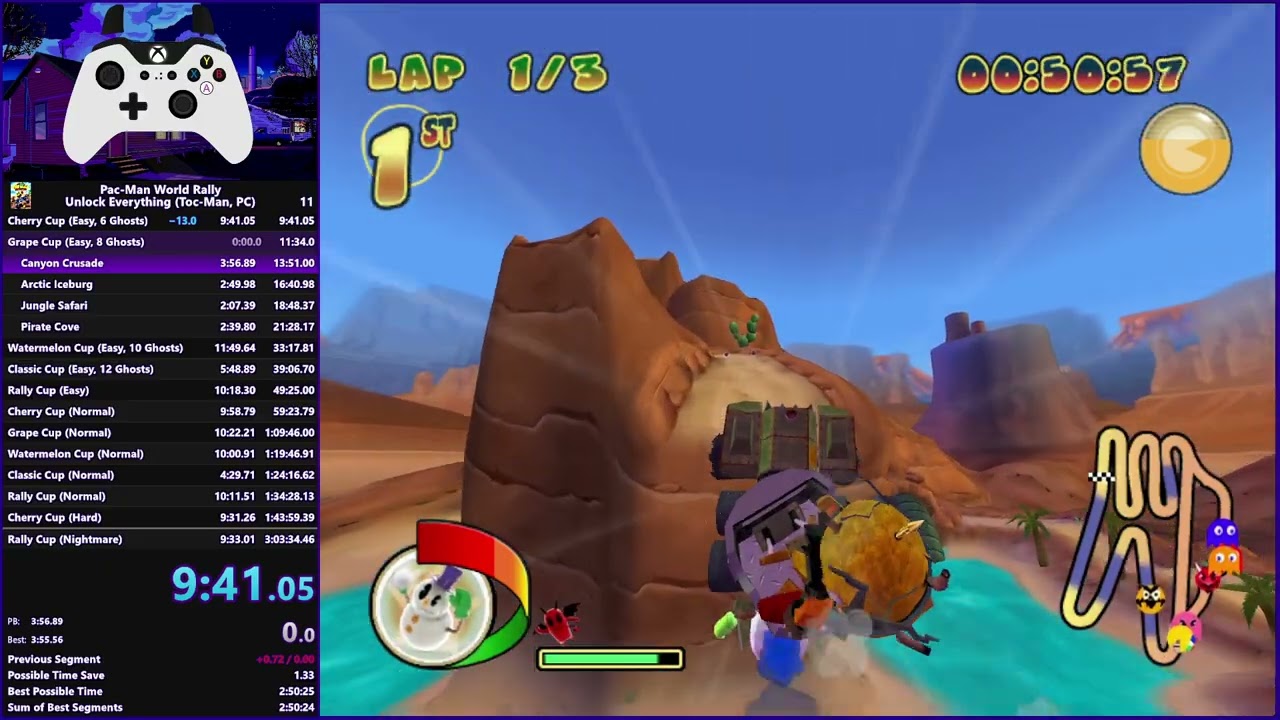 [WR] Pac-Man World Rally - Unlock Everything Speedrun in 2:58:24 IGT (3:47:46 RTA)