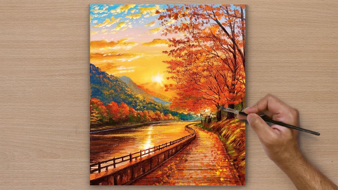 Draw a Sunset scene / Acrylic landscape painting / Art paintings