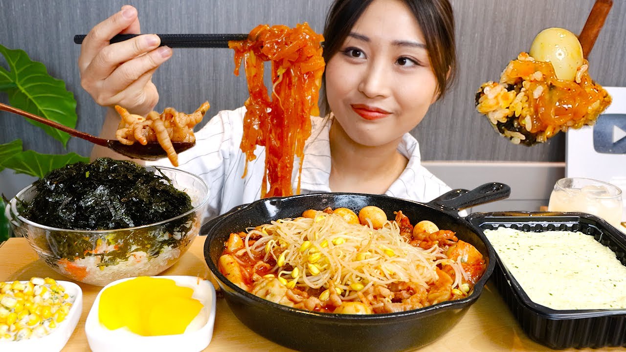 MUKBANG) 무뼈 국물닭발 콩나물 납작당면 계란찜 먹방 리얼사운드 Spicy chicken feet Real sound asmr eating