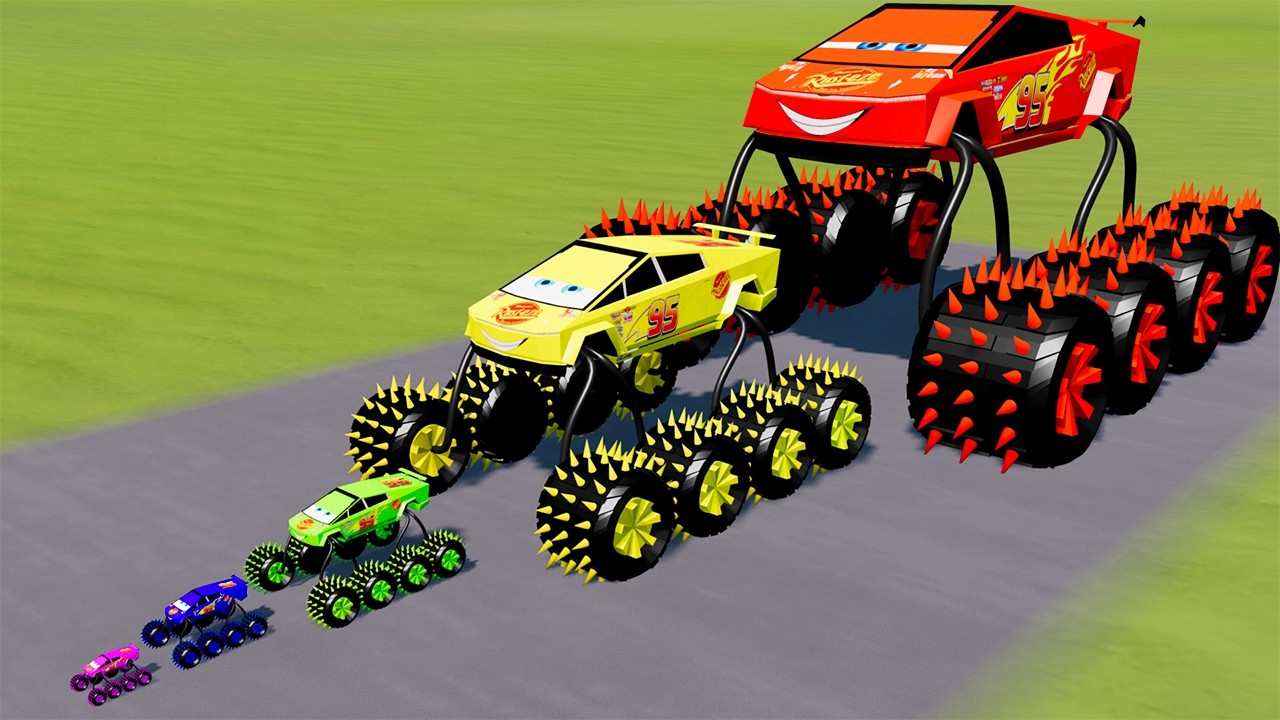 Big & Small Colors Cybertruck Truck Lightning Mcqueen VS Train | BeamNG.drive