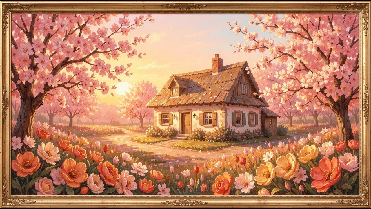 Sunset Cherry Blossom Cottage Garden frame tv art 4k with music | tv screensaver