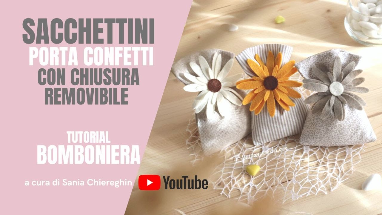 Sacchetto bomboniera portaconfetti fai da te in tessuto con chiusura in pannolenci o feltro.