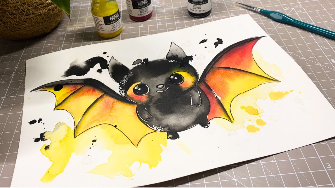 🦇 Cute Bat Acrylic Ink Painting for Beginners | Easy 3-Color Ink Art Tutorial ✨