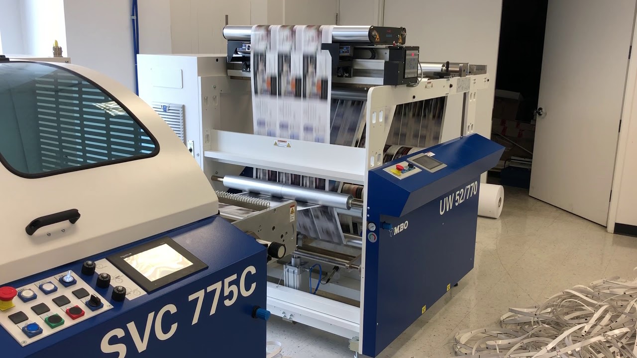 MBO Roll Fed SVC Finishing-postcards from 10pt stock, 3up @ 19500sph with auto stacker bander