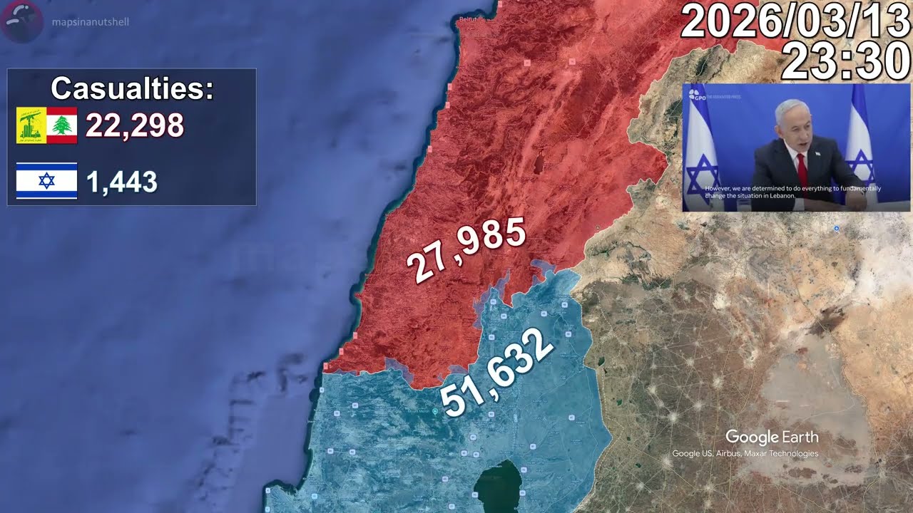 Israeli invasion of Lebanon: Every Day to April 1st, 2026 Mapped using Google Earth
