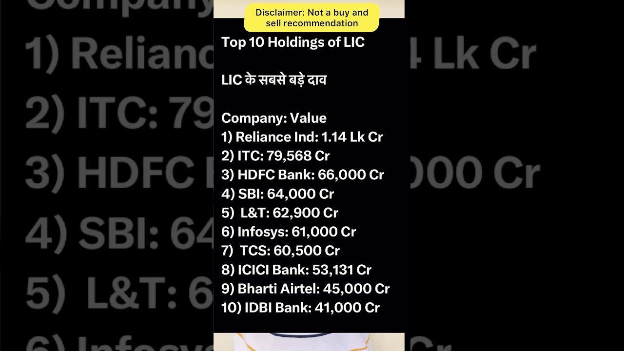 Top 10 Holdings of LIC | #shorts #lic