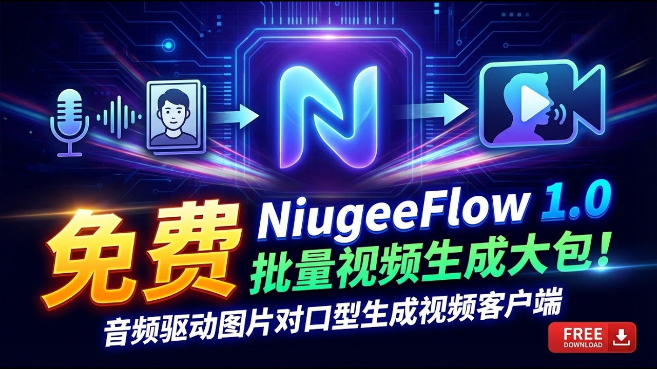 👍本地批量AI生视频大包来了！NiugeeFlow 1.0发布，效率提升10倍！🟢 数字人零成本方案：一张图+一段音频，瞬间生成自然对口型视频🟢牛哥AI实验室 NIUGEE AI（240）
