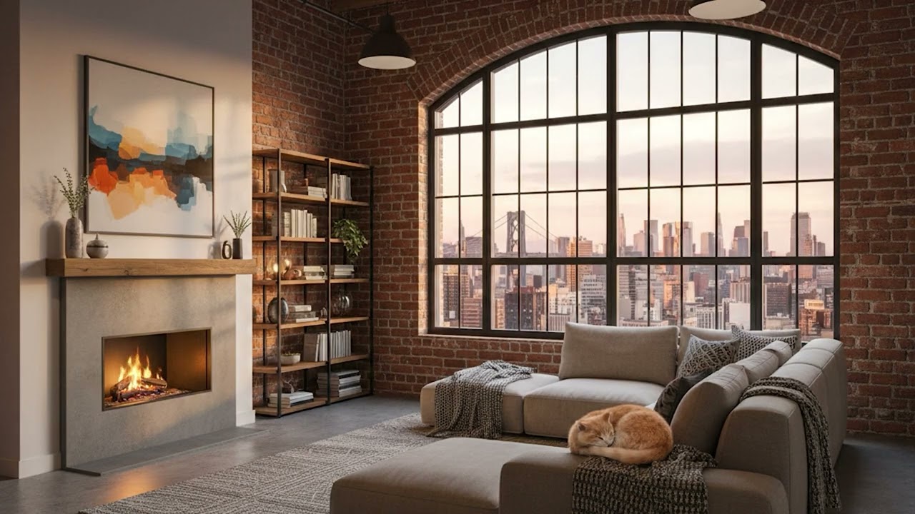 Cozy City Loft at Sunset 🏙️🔥 Fireplace Ambience w/ Sleeping Cat | Relaxing Piano & Fireplace Sounds