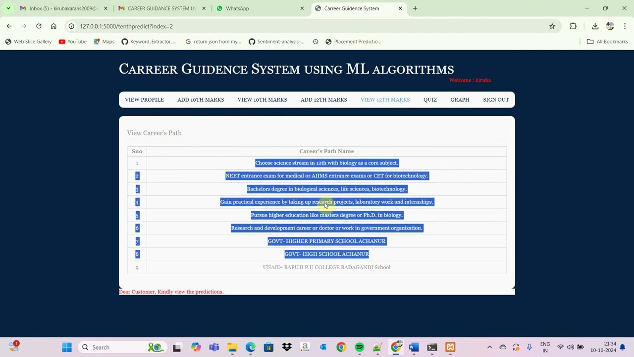 Career Guidance System Using Machine Learning (ML) Algorithms
