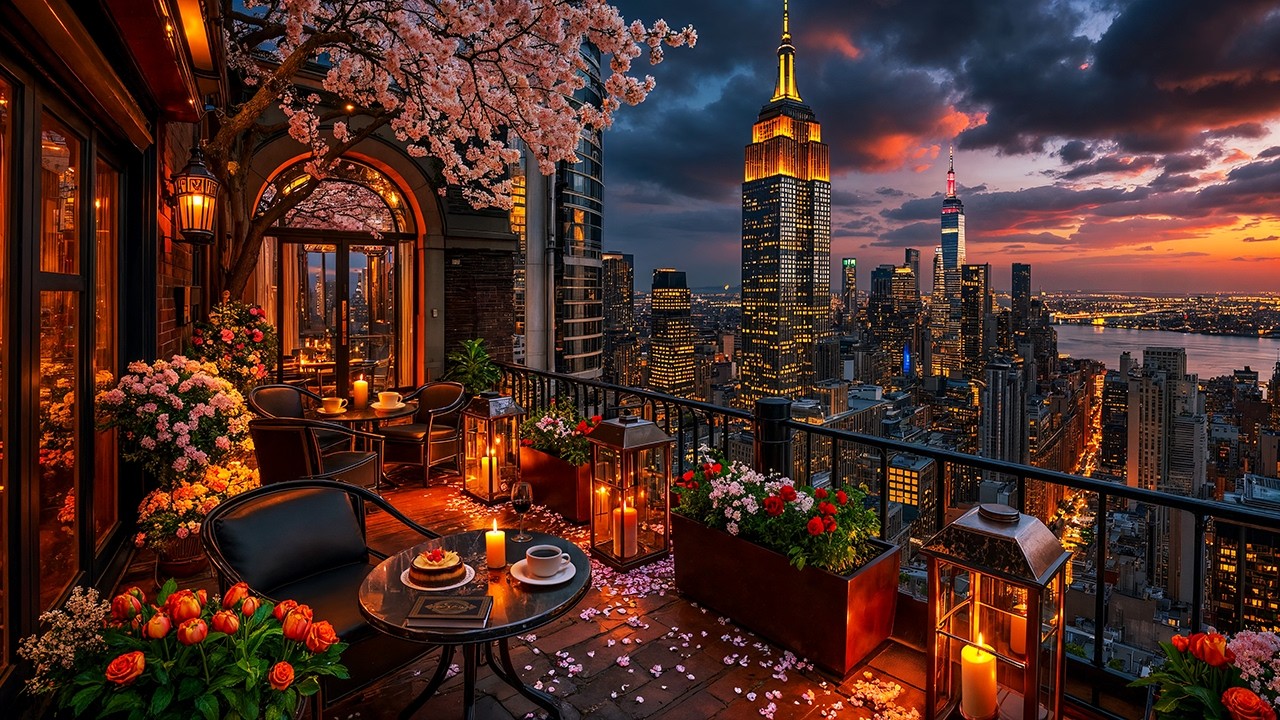 Romantic New York Spring Sunset Jazz ☕ Empire State Rooftop Café Ambience & Relaxing Jazz to Unwind