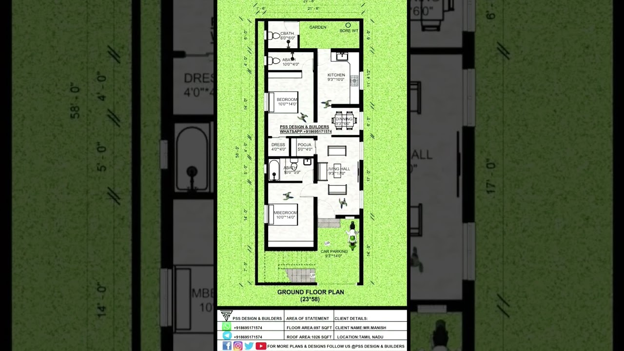 23&times;58 south facing 2bhk 2d floor plan whatsapp us for more info #2d #3d #house #budget #4k