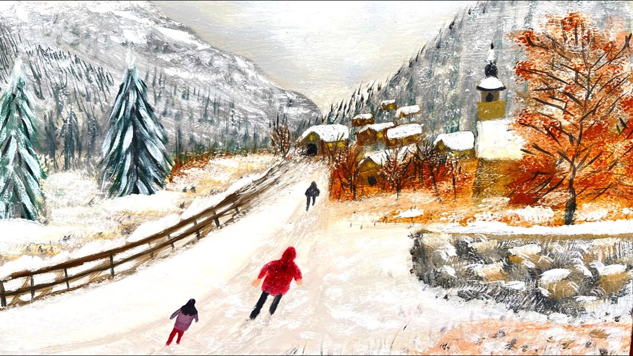 Snow Covered Village | Calm Winter ArtWarm Lights in a Cold Valley | Painting