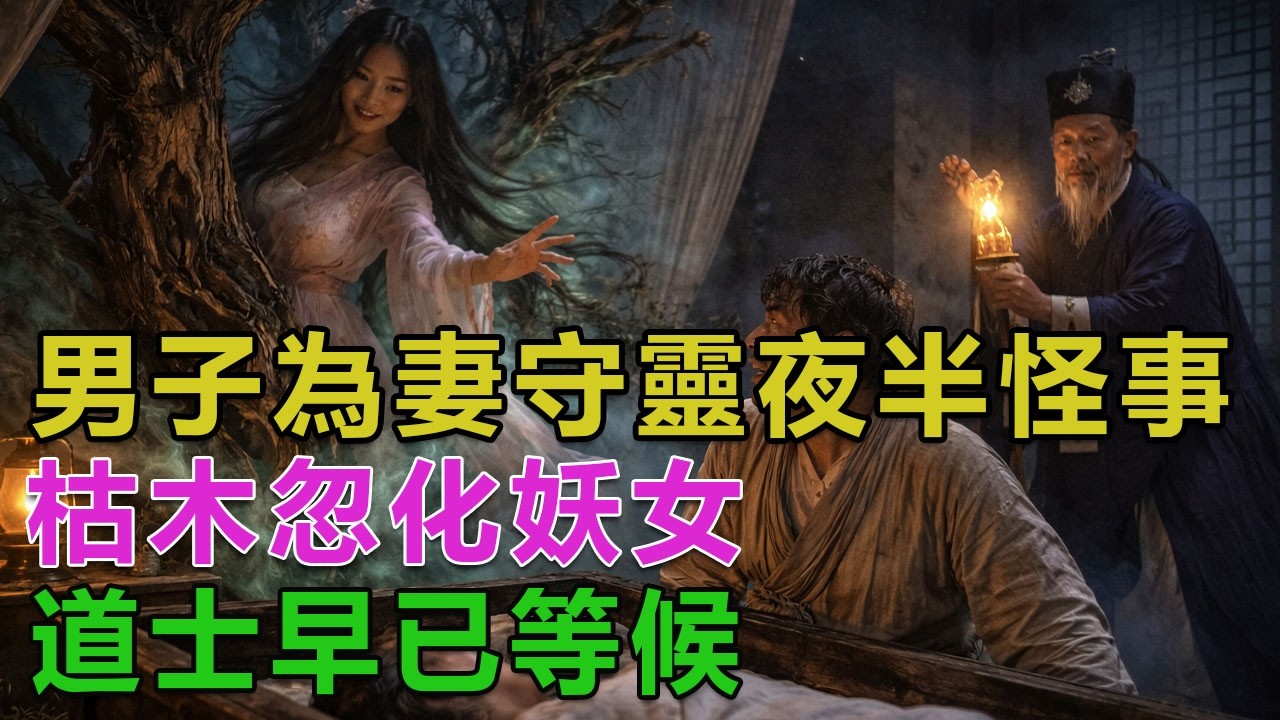 民間故事：男子為妻守靈夜半怪事，枯木忽化妖女，道士早已等候