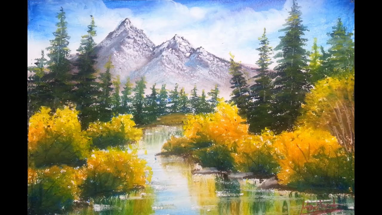 Mountain Lake - Drawing scenery using oil pastel - How to use oil pastels - oil pastel lesson