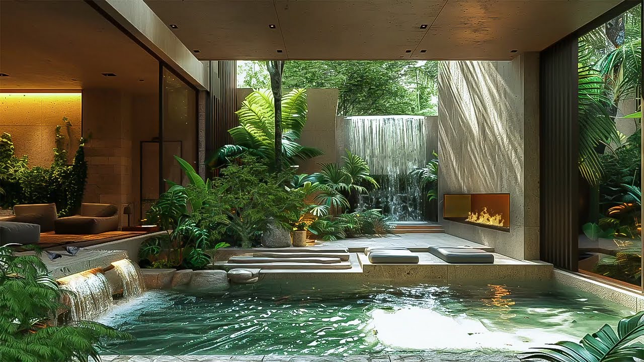 Backyard Atmosphere🍃Relaxation with Waterfall & Bird, Fire Sounds to Treat Insomnia & Reduce Stress