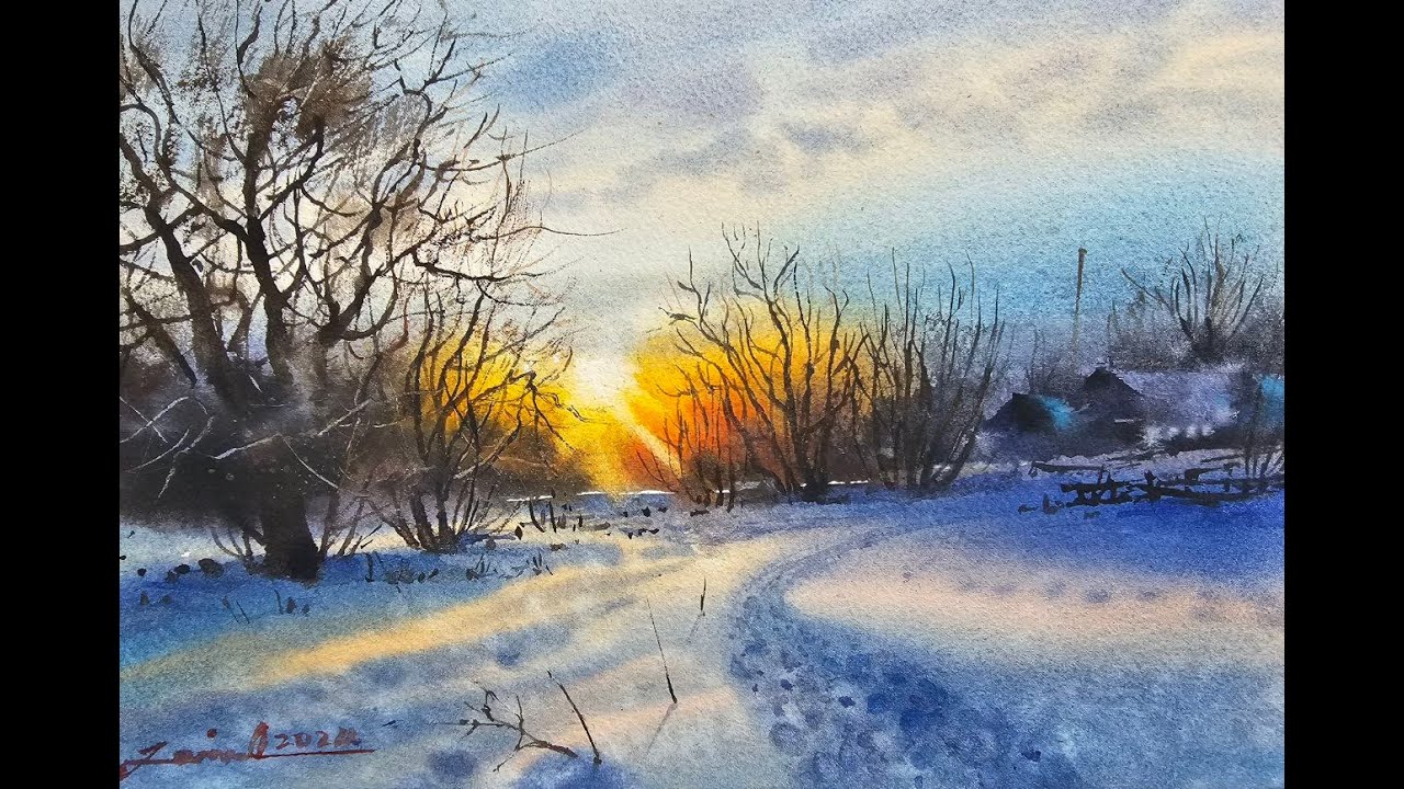 Sunset in the Snow -  Watercolor painting