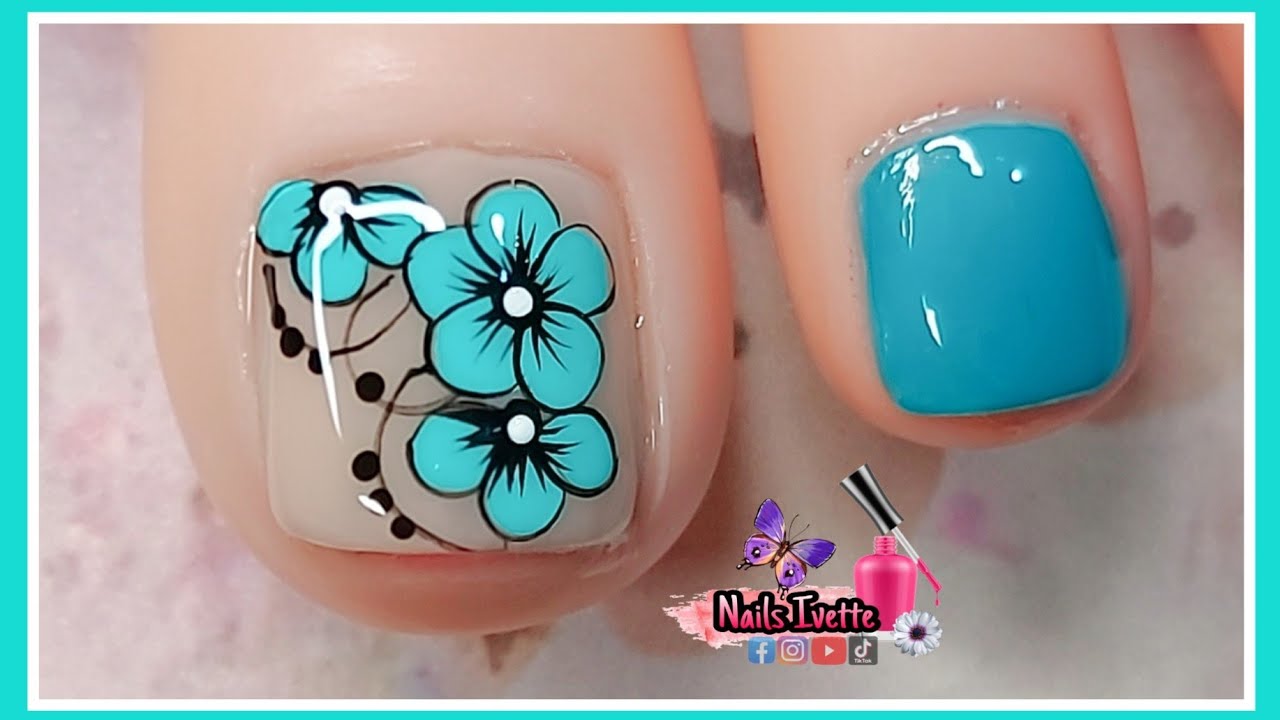 Diseño de uñas Flores turquesa para pie | Uñas decoradas simples y sencillas / Decoración de uñas