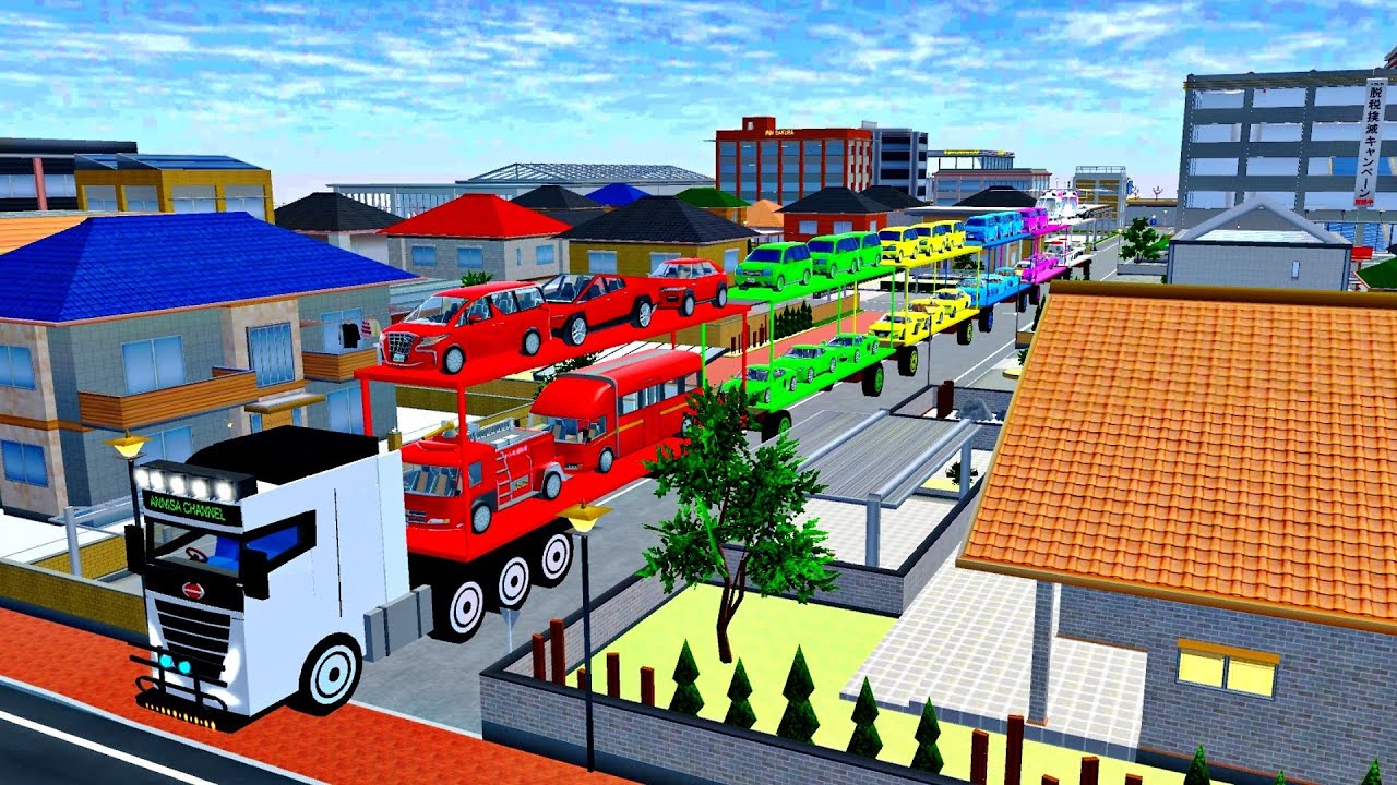 DOUBLE TRAILER TRUCK FOR TRANSPORTING LARGE VEHICLES IN FRONT OF HOME BOY - SAKURA 🌈🚓🚗🚙🚕🥳