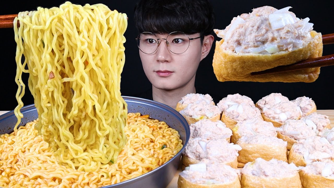 직접만든 유부 초밥 라면 먹방ASMR MUKBANG FRIED TOFU RICE BALLS & SPICY NOODLES & RECIPE いなり寿司 ラーメン eating sounds