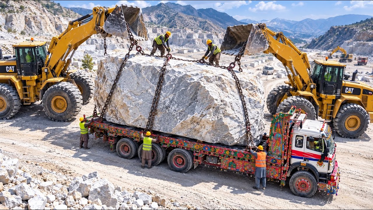  Incredible Mountain Stone Work | Truck Loading, Giant Stone Cutting & Marble Slab Production 😱