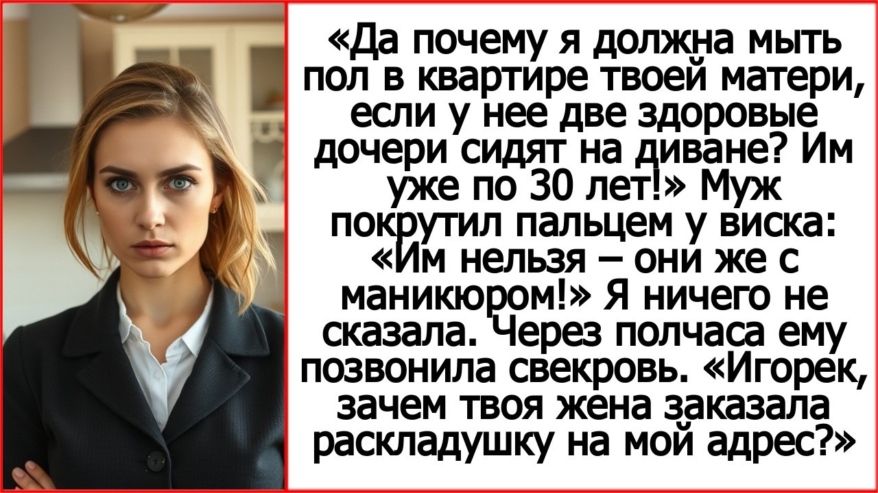 Да почему я должна мыть пол в квартире твоей матери, если у нее две здоровые дочери сидят на диване_