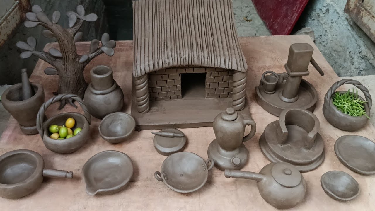 DIY village style mini clay house 🏡, mini kitchen sets polymer clay handmade with clay miniature 