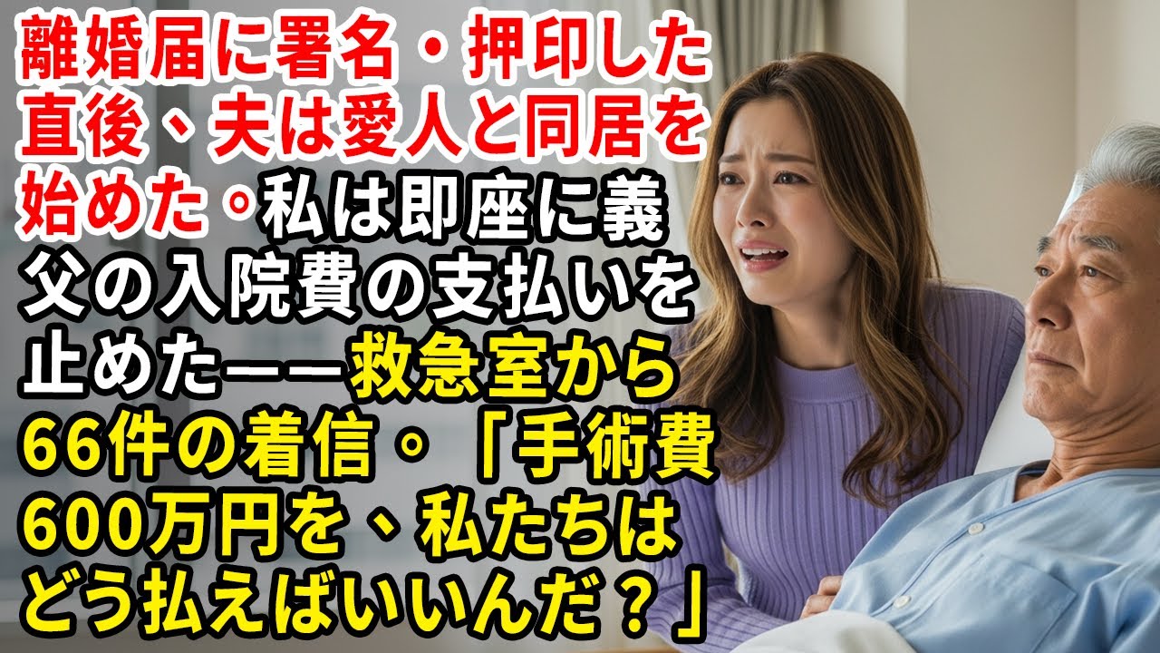 離婚届に署名・押印した直後、夫は愛人と同居を始めた。私は即座に義父の入院費の支払いを止めた——救急室から66件の着信。「手術費600万円を、私たちはどう払えばいいんだ？」