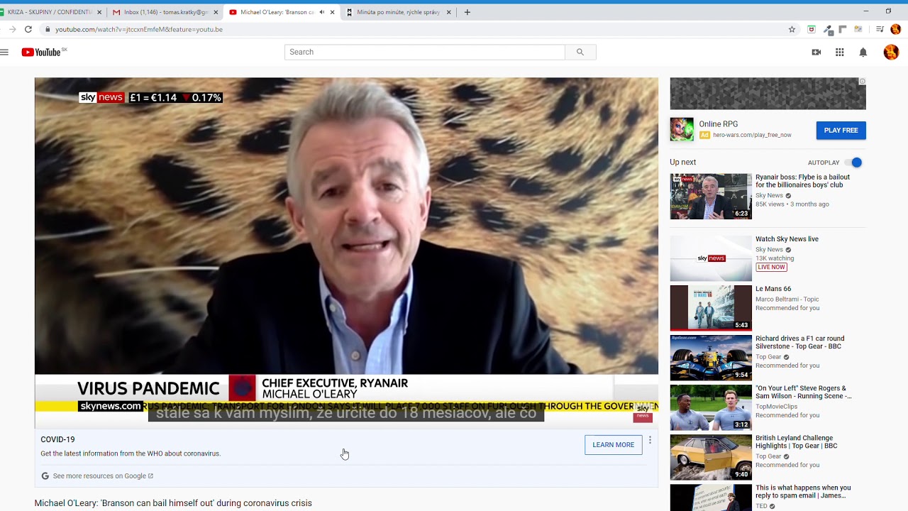 Riaditeľ Ryanair, Michael O'Leary, v rozhovore ohľadom vracania platieb za lety